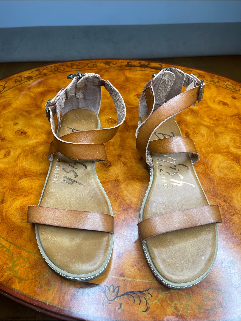 Blue Fish Tan Strappy Ankle-Wrap Sandals
